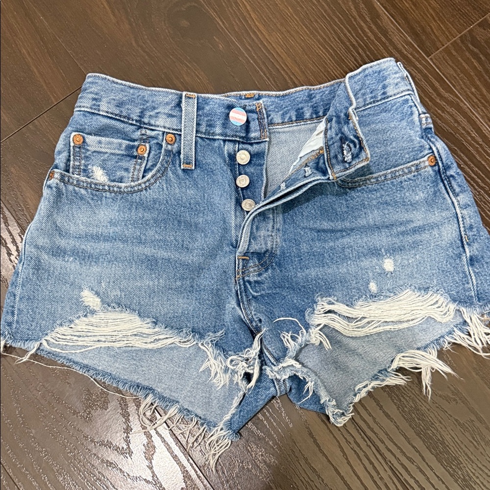 Levi's Blue Distressed Jean Shorts (with custom button)